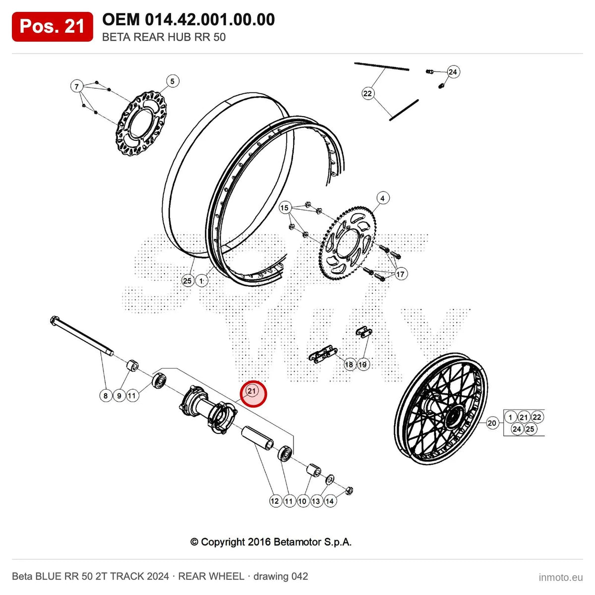 BETA REAR HUB RR 50 – OEM 014.42.001.00.00, position 21 on the Beta BLUE RR 50 2T TRACK 2024 rear wheel drawing