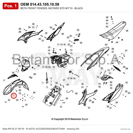 BETA FRONT FENDER, MOTARD STD MY'10 - BLACK – OEM 014.43.105.10.59, position 1 on the Beta RR 50 2T MY19 plastic accessories/seat/tank drawing