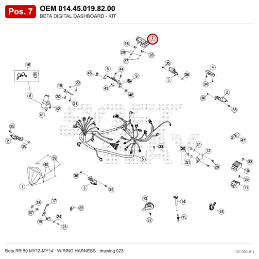 BETA DIGITAL DASHBOARD - KIT – OEM 014.45.019.82.00, position 7 on the Beta RR 50 MY12-MY14 wiring harness drawing