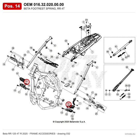 BETA FOOTREST SPRING, RR 4T – OEM 016.32.020.00.00, position 14 on the Beta RR 125 4T R 2025 frame accessories drawing