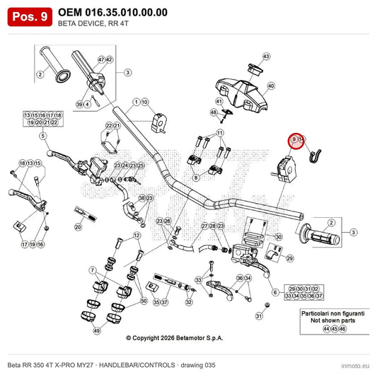 BETA LIGHTS SWITCH – OEM 016.35.010.00.00, position 9 on the Beta RR 350 4T X-PRO MY27 handlebar/controls drawing