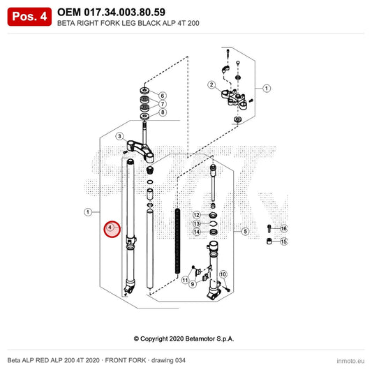 BETA RIGHT FORK LEG BLACK ALP 4T 200 – OEM 017.34.003.80.59, position 4 on the Beta ALP RED ALP 200 4T 2020 front fork drawing