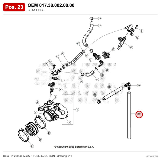BETA HOSE – OEM 017.38.002.00.00, position 23 on the Beta RX 250 4T MY27 fuel injection drawing