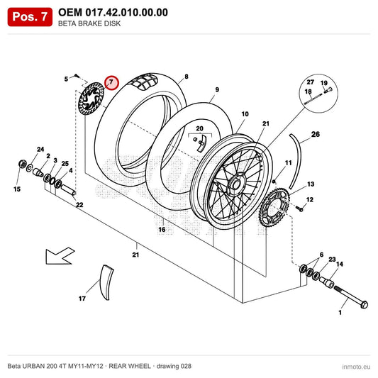 BETA BRAKE DISK – OEM 017.42.010.00.00, position 7 on the Beta URBAN 200 4T MY11-MY12 rear wheel drawing