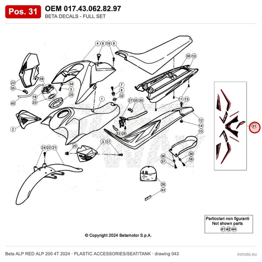BETA DECALS - FULL SET – OEM 017.43.062.82.97, position 31 on the Beta ALP RED ALP 200 4T 2024 plastic accessories/seat/tank drawing