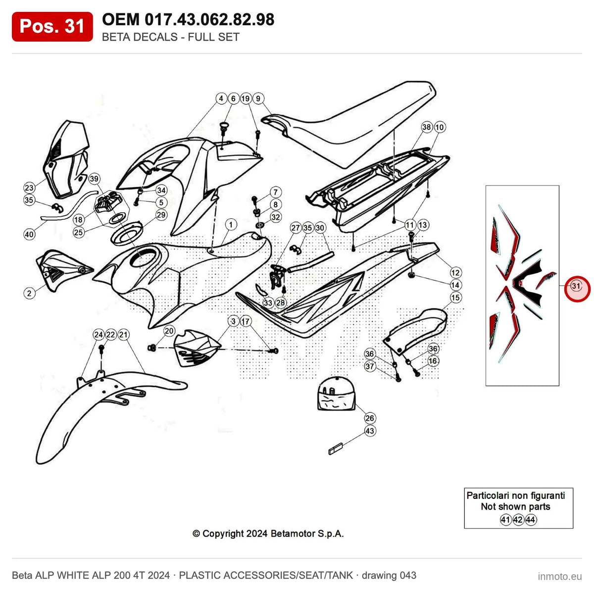 BETA DECALS - FULL SET – OEM 017.43.062.82.98, position 31 on the Beta ALP WHITE ALP 200 4T 2024 plastic accessories/seat/tank drawing