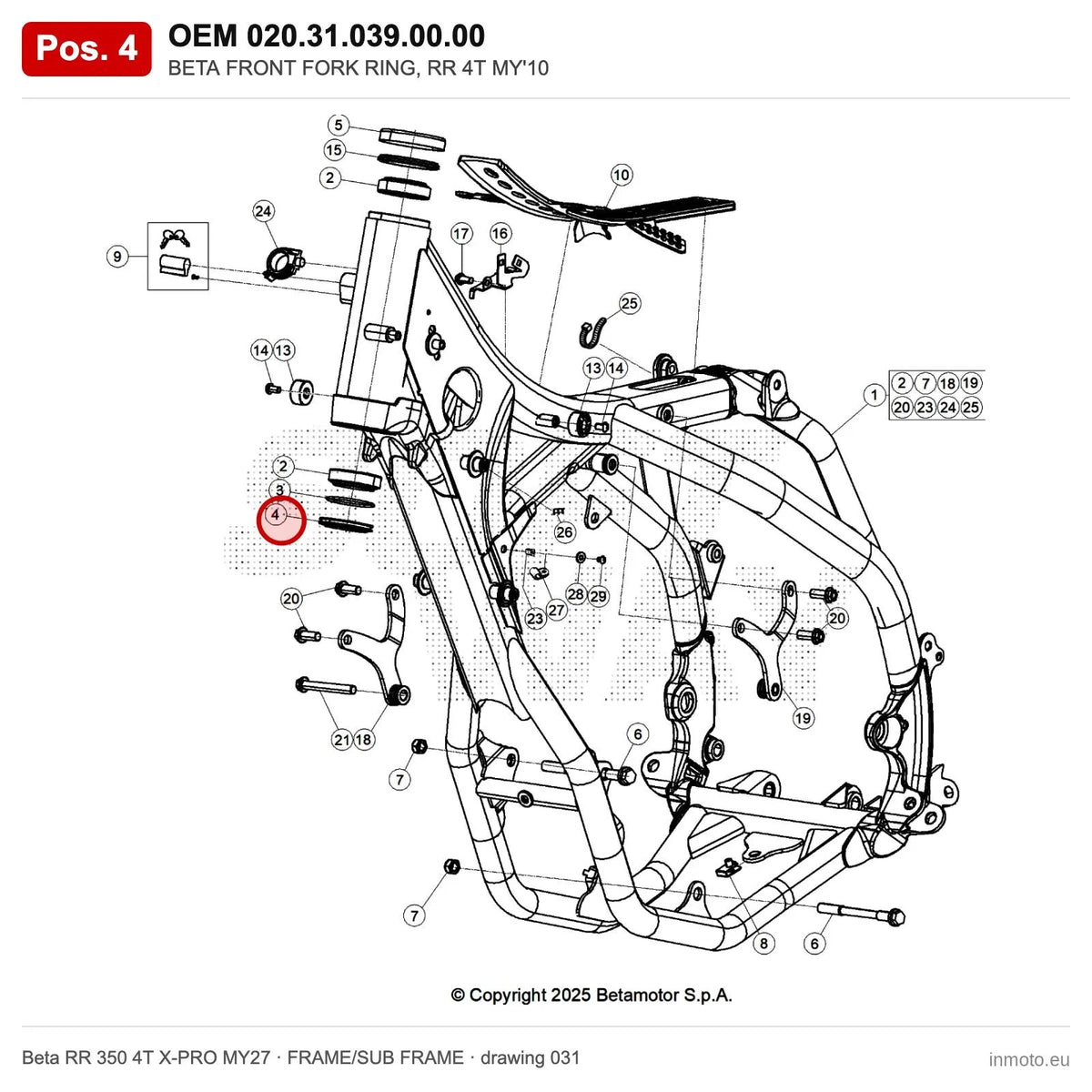 BETA FRONT FORK RING, RR 4T MY'10 – OEM 020.31.039.00.00, position 4 on the Beta RR 350 4T X-PRO MY27 frame/sub frame drawing
