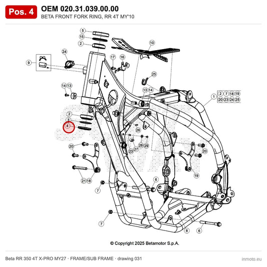 BETA FRONT FORK RING, RR 4T MY'10 – OEM 020.31.039.00.00, position 4 on the Beta RR 350 4T X-PRO MY27 frame/sub frame drawing