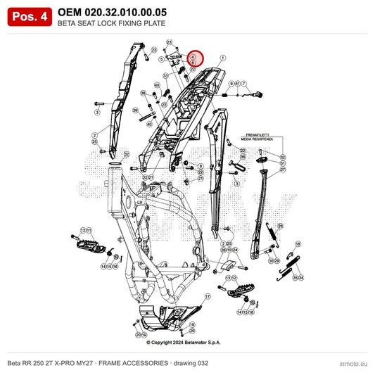 BETA SEAT LOCK FIXING PLATE – OEM 020.32.010.00.05, position 4 on the Beta RR 250 2T X-PRO MY27 frame accessories drawing