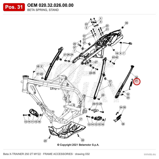 BETA SPRING, STAND – OEM 020.32.026.00.00, position 31 on the Beta X-TRAINER 250 2T MY22 frame accessories drawing