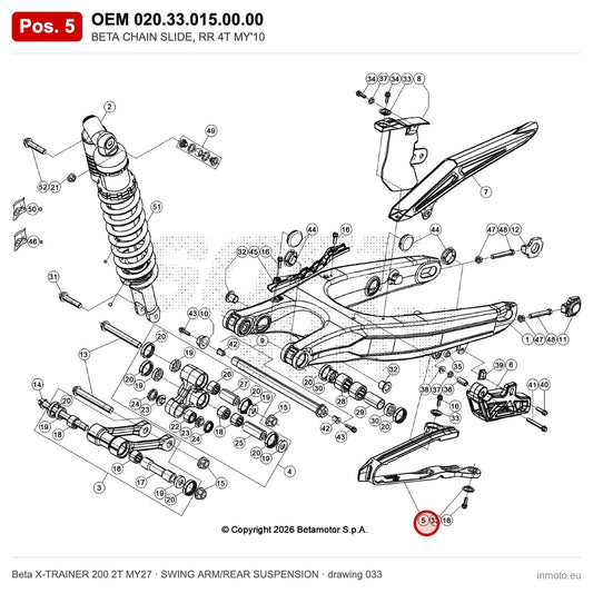 BETA CHAIN SLIDE, RR 4T MY'10 – OEM 020.33.015.00.00, position 5 on the Beta X-TRAINER 200 2T MY27 swing arm/rear suspension drawing