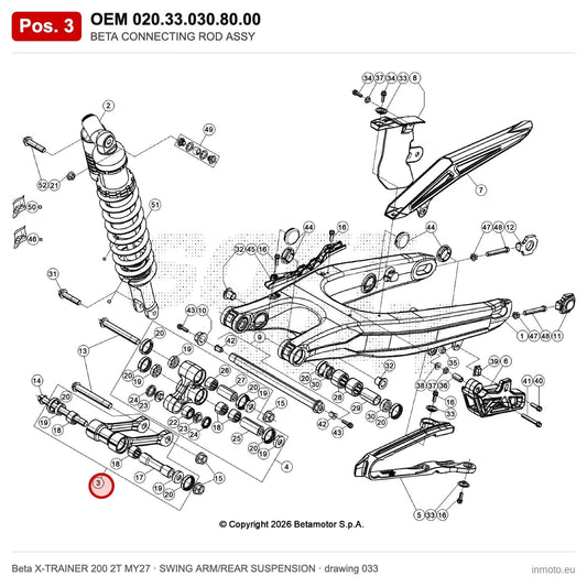 BETA CONNECTING ROD ASSY – OEM 020.33.030.80.00, position 3 on the Beta X-TRAINER 200 2T MY27 swing arm/rear suspension drawing