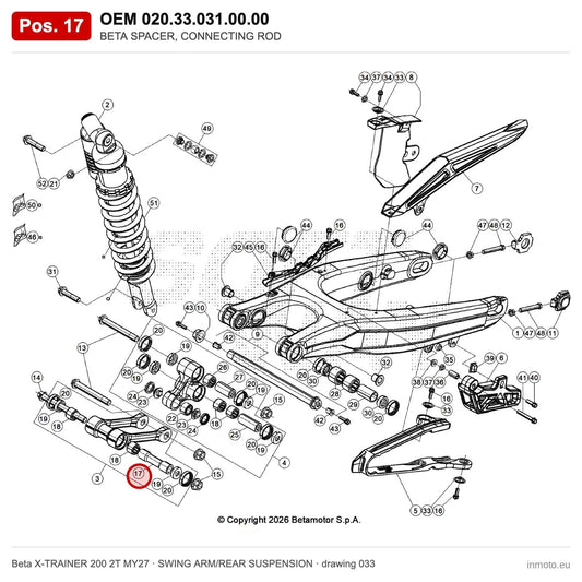 BETA SPACER, CONNECTING ROD – OEM 020.33.031.00.00, position 17 on the Beta X-TRAINER 200 2T MY27 swing arm/rear suspension drawing