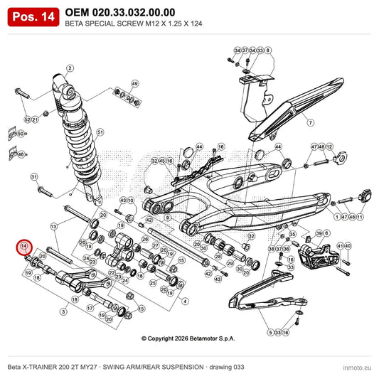 BETA SPECIAL SCREW M12 X 1.25 X 124 – OEM 020.33.032.00.00, position 14 on the Beta X-TRAINER 200 2T MY27 swing arm/rear suspension drawing