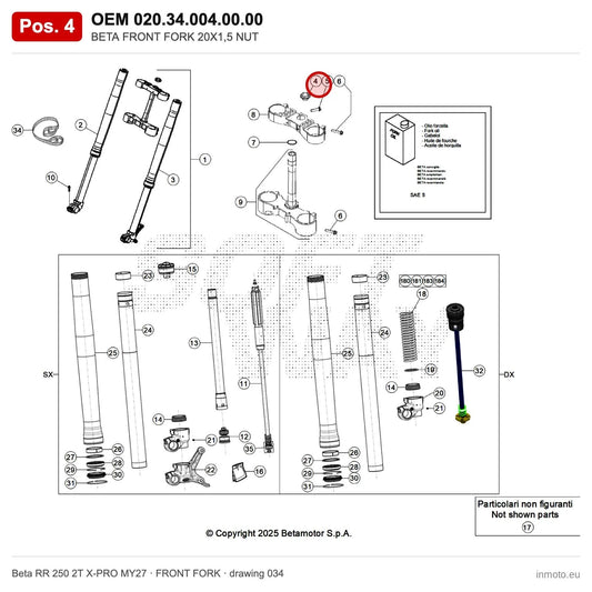 BETA FRONT FORK 20X1,5 NUT – OEM 020.34.004.00.00, position 4 on the Beta RR 250 2T X-PRO MY27 front fork drawing
