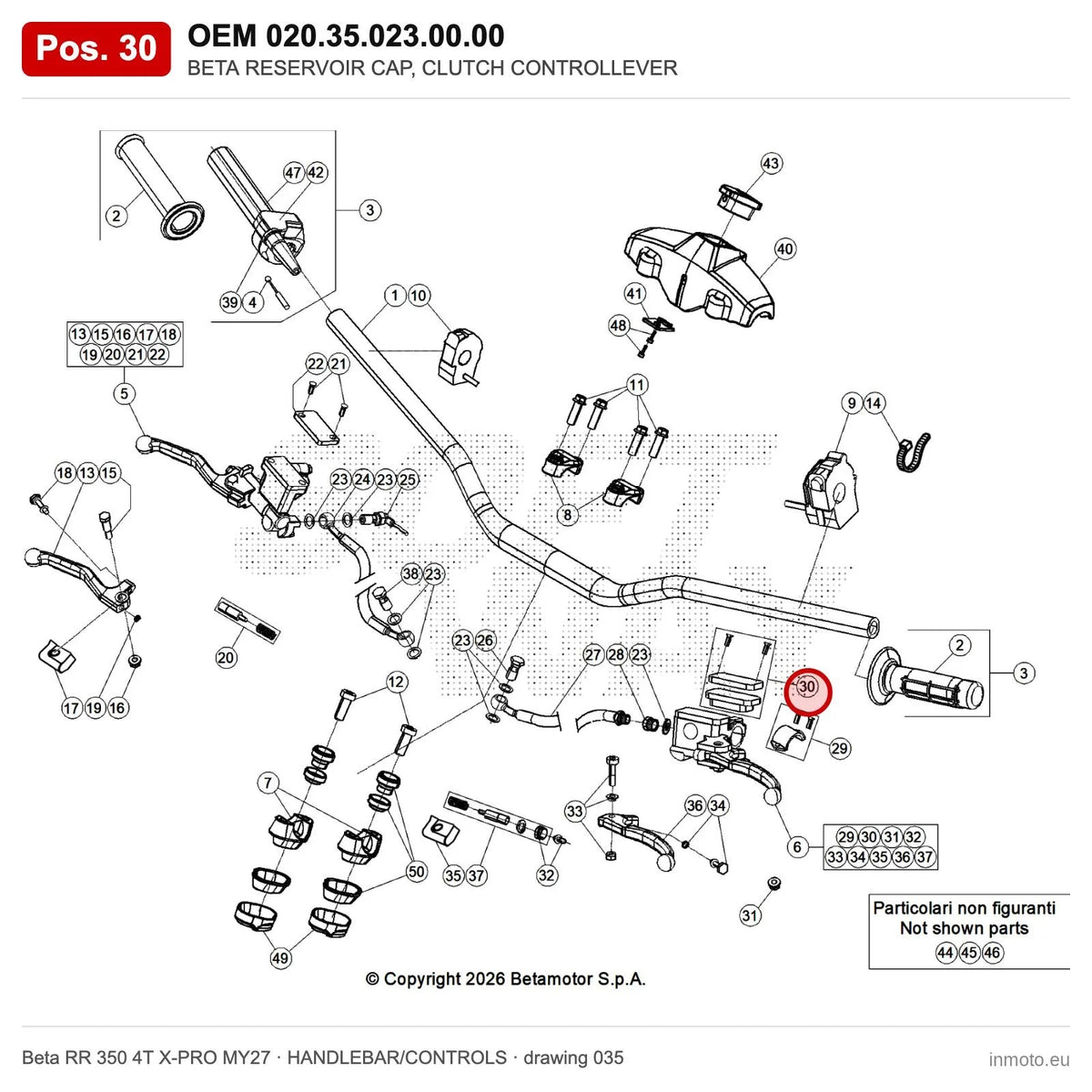 BETA RESERVOIR CAP, CLUTCH CONTROLLEVER – OEM 020.35.023.00.00, position 30 on the Beta RR 350 4T X-PRO MY27 handlebar/controls drawing