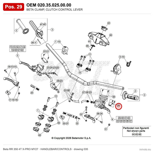 BETA CLAMP, CLUTCH CONTROL LEVER – OEM 020.35.025.00.00, position 29 on the Beta RR 350 4T X-PRO MY27 handlebar/controls drawing