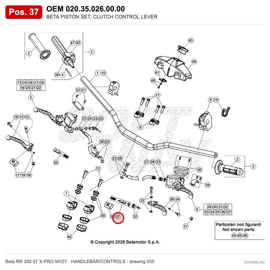 BETA PISTON SET, CLUTCH CONTROL LEVER – OEM 020.35.026.00.00, position 37 on the Beta RR 350 4T X-PRO MY27 handlebar/controls drawing