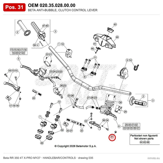 BETA ANTI-BUBBLE, CLUTCH CONTROL LEVER – OEM 020.35.028.00.00, position 31 on the Beta RR 350 4T X-PRO MY27 handlebar/controls drawing