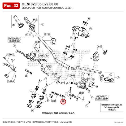 BETA PUSH-ROD, CLUTCH CONTROL LEVER – OEM 020.35.029.00.00, position 32 on the Beta RR 350 4T X-PRO MY27 handlebar/controls drawing