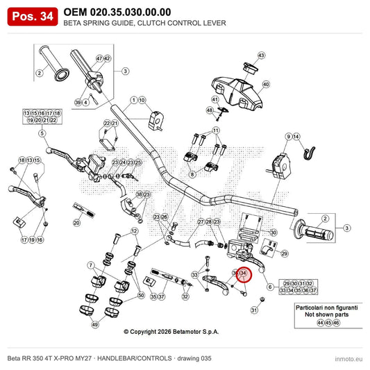 BETA SPRING GUIDE, CLUTCH CONTROL LEVER – OEM 020.35.030.00.00, position 34 on the Beta RR 350 4T X-PRO MY27 handlebar/controls drawing