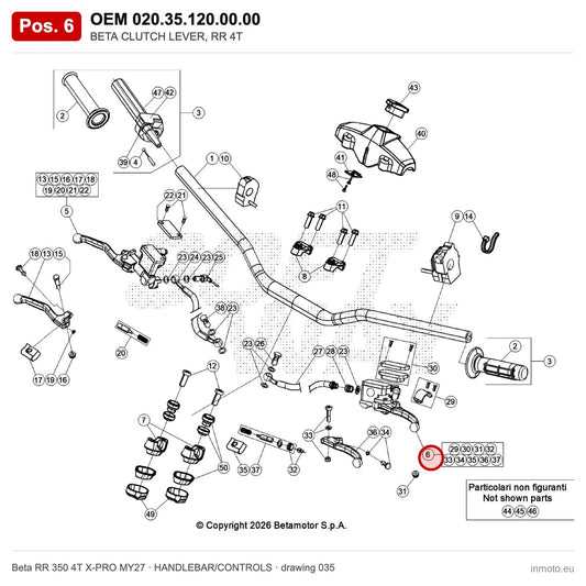 BETA CLUTCH LEVER, RR 4T – OEM 020.35.120.00.00, position 6 on the Beta RR 350 4T X-PRO MY27 handlebar/controls drawing