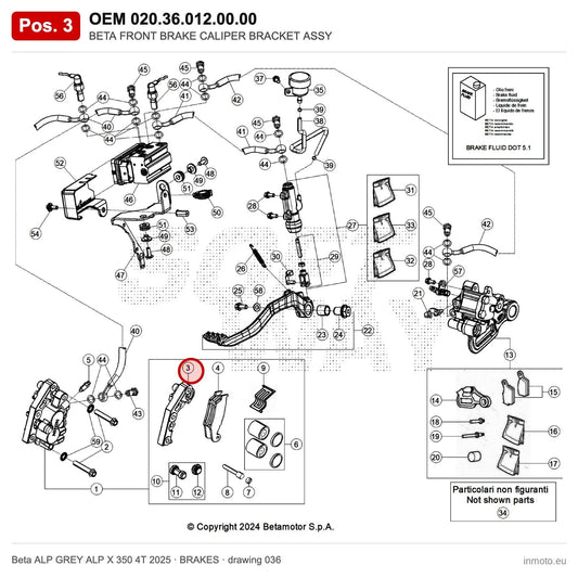 BETA FRONT BRAKE CALIPER BRACKET ASSY – OEM 020.36.012.00.00, position 3 on the Beta ALP GREY ALP X 350 4T 2025 brakes drawing