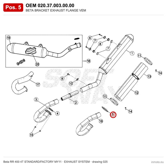 BETA BRACKET EXHAUST FLANGE VEM – OEM 020.37.003.00.00, position 5 on the Beta RR 400 4T STANDARD/FACTORY MY11 exhaust system drawing