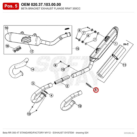 BETA BRACKET EXHAUST FLANGE RR4T 350CC – OEM 020.37.103.00.00, position 5 on the Beta RR 350 4T STANDARD/FACTORY MY12 exhaust system drawing