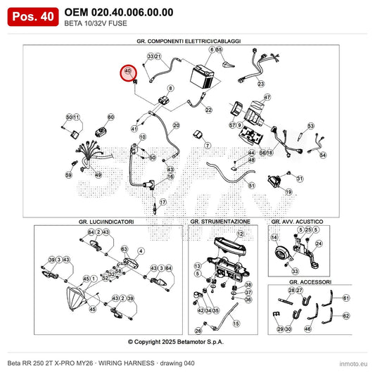 BETA 10/32V FUSE – OEM 020.40.006.00.00, position 40 on the Beta RR 250 2T X-PRO MY26 wiring harness drawing