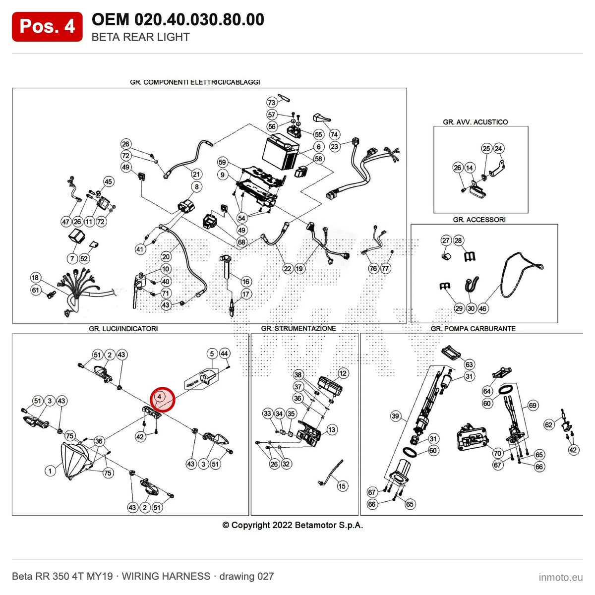 BETA REAR LIGHT – OEM 020.40.030.80.00, position 4 on the Beta RR 350 4T MY19 wiring harness drawing