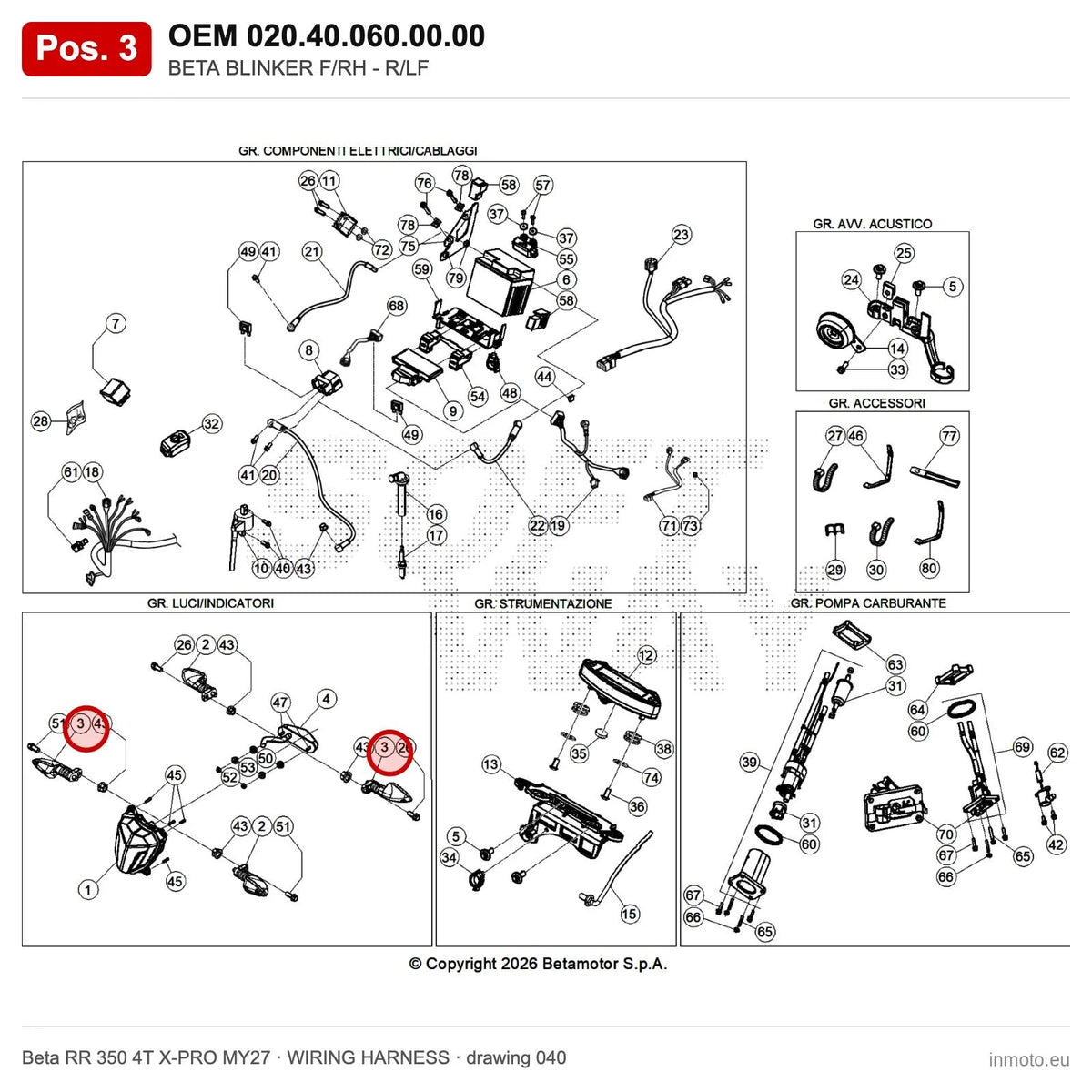 BETA BLINKER F/RH - R/LF – OEM 020.40.060.00.00, position 3 on the Beta RR 350 4T X-PRO MY27 wiring harness drawing
