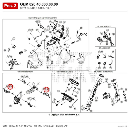 BETA BLINKER F/RH - R/LF – OEM 020.40.060.00.00, position 3 on the Beta RR 350 4T X-PRO MY27 wiring harness drawing
