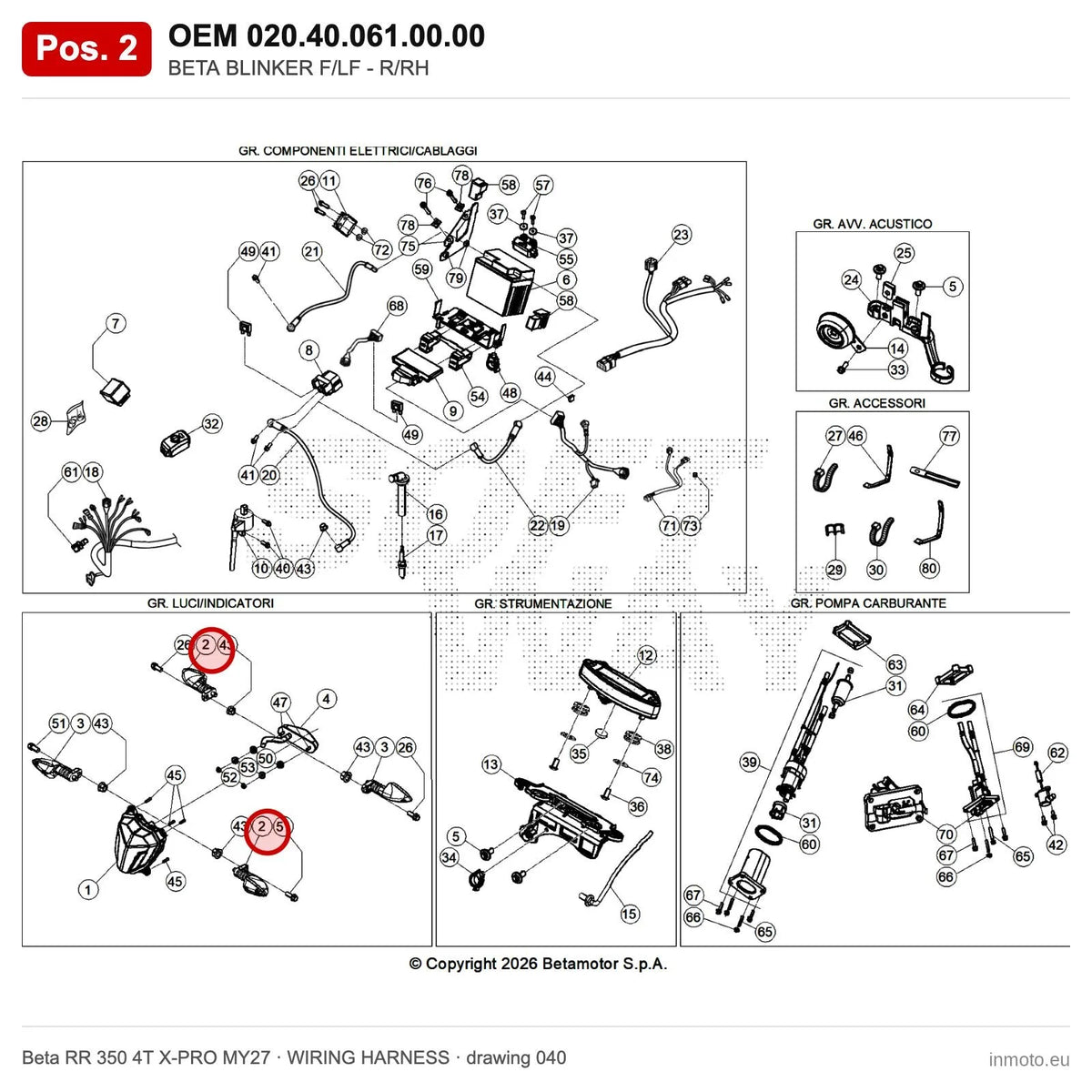 BETA BLINKER F/LF - R/RH – OEM 020.40.061.00.00, position 2 on the Beta RR 350 4T X-PRO MY27 wiring harness drawing