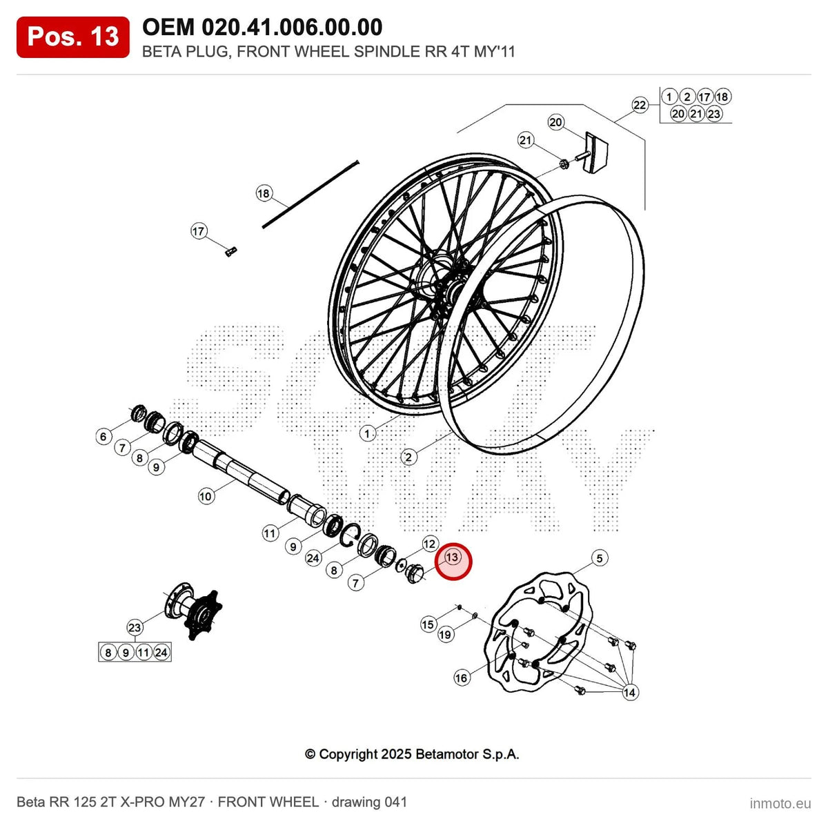 BETA PLUG, FRONT WHEEL SPINDLE RR 4T MY'11 – OEM 020.41.006.00.00, position 13 on the Beta RR 125 2T X-PRO MY27 front wheel drawing