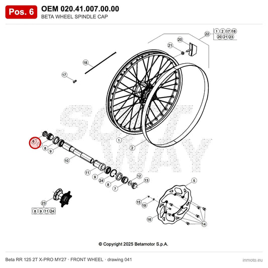 BETA WHEEL SPINDLE CAP – OEM 020.41.007.00.00, position 6 on the Beta RR 125 2T X-PRO MY27 front wheel drawing