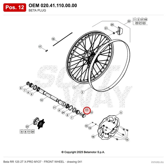 BETA PLUG – OEM 020.41.110.00.00, position 12 on the Beta RR 125 2T X-PRO MY27 front wheel drawing