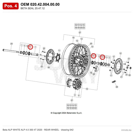 BETA SEAL 25.47.12 – OEM 020.42.004.00.00, position 4 on the Beta ALP WHITE ALP 4.0 350 4T 2025 rear wheel drawing