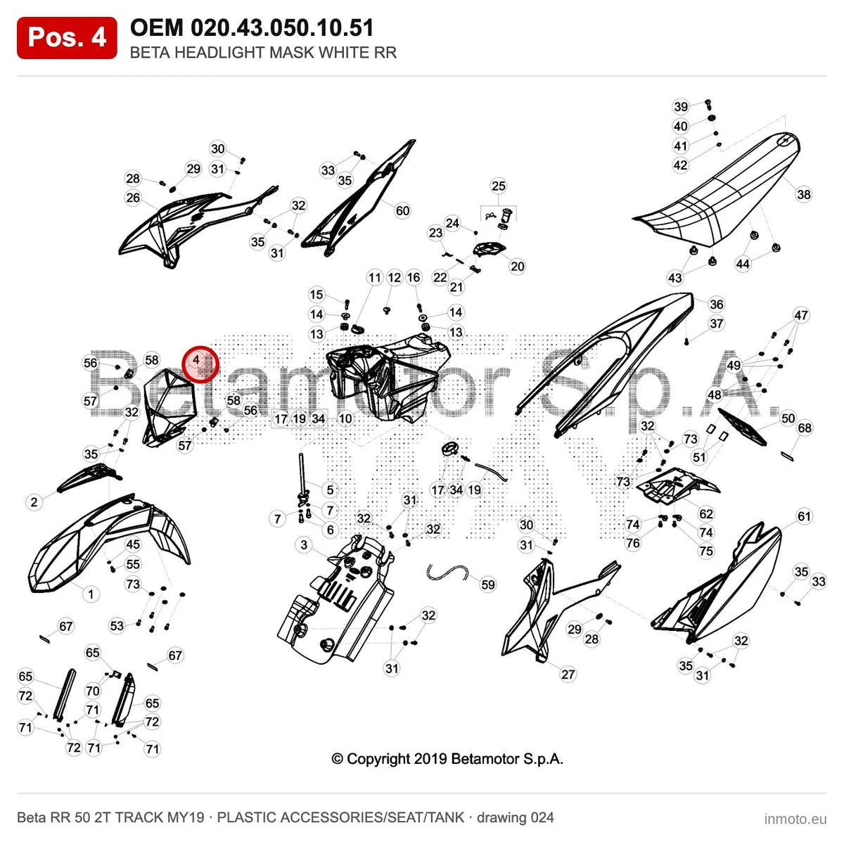 BETA HEADLIGHT MASK WHITE RR – OEM 020.43.050.10.51, position 4 on the Beta RR 50 2T TRACK MY19 plastic accessories/seat/tank drawing