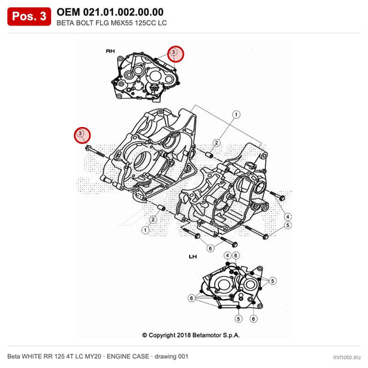 BETA BOLT FLG M6X55 125CC LC – OEM 021.01.002.00.00, position 3 on the Beta WHITE RR 125 4T LC MY20 engine case drawing