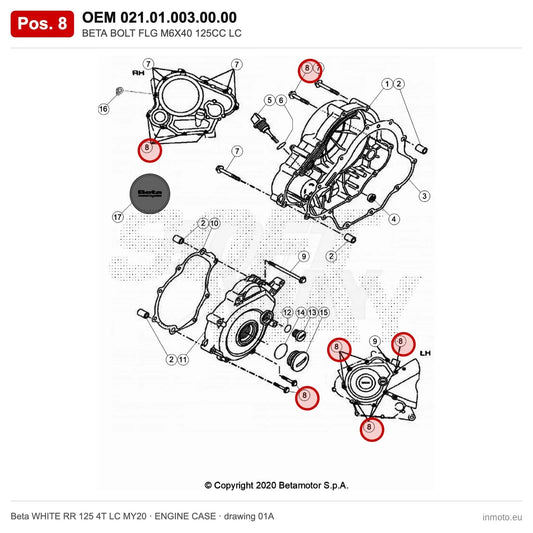 BETA BOLT FLG M6X40 125CC LC – OEM 021.01.003.00.00, position 8 on the Beta WHITE RR 125 4T LC MY20 engine case drawing