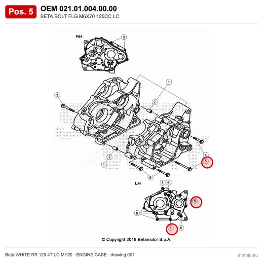 BETA BOLT FLG M6X70 125CC LC – OEM 021.01.004.00.00, position 5 on the Beta WHITE RR 125 4T LC MY20 engine case drawing