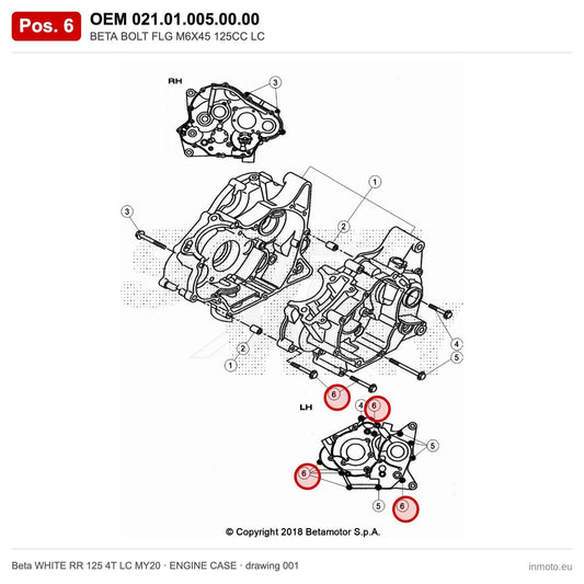 BETA BOLT FLG M6X45 125CC LC – OEM 021.01.005.00.00, position 6 on the Beta WHITE RR 125 4T LC MY20 engine case drawing