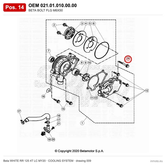 BETA BOLT FLG M6X50 – OEM 021.01.010.00.00, position 14 on the Beta WHITE RR 125 4T LC MY20 cooling system drawing