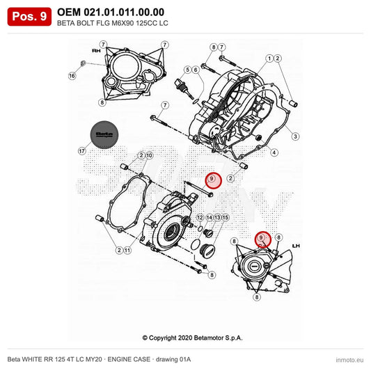 BETA BOLT FLG M6X90 125CC LC – OEM 021.01.011.00.00, position 9 on the Beta WHITE RR 125 4T LC MY20 engine case drawing