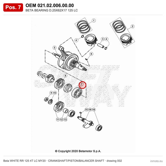 BETA BEARING D.25X62X17 125 LC – OEM 021.02.006.00.00, position 7 on the Beta WHITE RR 125 4T LC MY20 crankshaft/piston/balancer shaft drawing
