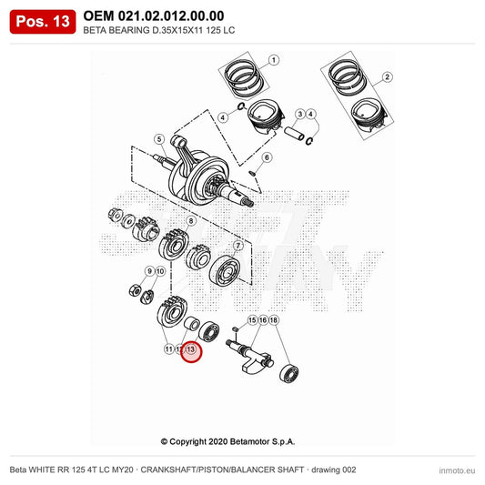 BETA BEARING D.35X15X11 125 LC – OEM 021.02.012.00.00, position 13 on the Beta WHITE RR 125 4T LC MY20 crankshaft/piston/balancer shaft drawing