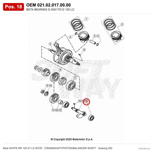 BETA BEARING D.40X17X12 125 LC – OEM 021.02.017.00.00, position 18 on the Beta WHITE RR 125 4T LC MY20 crankshaft/piston/balancer shaft drawing