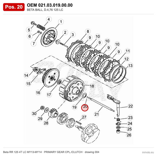BETA BALL, D.4,76 125 LC – OEM 021.03.019.00.00, position 20 on the Beta RR 125 4T LC MY13-MY14 primary gear cpl./clutch drawing