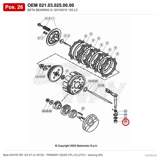 BETA BEARING D.12X16X10 125 LC – OEM 021.03.025.00.00, position 26 on the Beta WHITE RR 125 4T LC MY20 primary gear cpl./clutch drawing